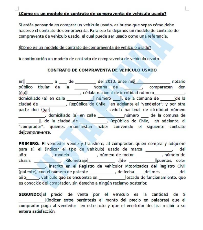 Modelo De Contrato De Compraventa De Vehículo Usado